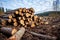 pile of freshly cut logs in a deforested area