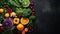 a pile of fruits and vegetables with other food on the table