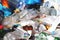 Pile of garbage including food wastes and cans. Garbage background