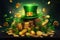 Pile of Gold Coins With Green Hat, Wealth and Luck in a Single Image, Saint Patrick hat with gold coins and clovers banner, AI