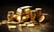 A pile of gold coins sitting next to a stack of silver coins