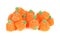 Pile of Halloween gummy pumpkin candies over white