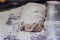 Pile of Homemade Bread Dough on a Table with a lot of Flour Around it