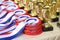 Pile of horse sport trophies rosettes at equestrian event