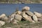 A pile of large stones on the Bank of the Volga river