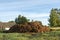 Pile of Manure on organic green farm field in countryside at sunrise