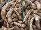 Pile or mound of brown malanga root vegetables in market