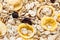 Pile Muesli Breakfast with oat flakes raisins. Close up view. The concept of Healthy eating. Abstract cereal grain pattern