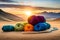 A pile of multicolored skeins of yarn on a bed of wool yarns are in the, eground and the top of the skeins of the skeins in the ba