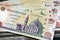 Pile of obverse side of 200 LE two hundred Egyptian pounds banknote features Qani-Bay mosque in Cairo Egypt