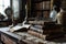 a pile of old books belonging to a wooden desk