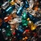 Pile of old plastic bottles as a background. Recycling and environmental pollution concept. Close-up shot of loads of used dirty