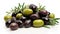 A pile of olives with a sprig of rosemary, clipart on white background.