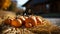 Pile of orange fall and Halloween pumpkins and hay decorating the country barn scene - generative AI