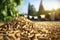 A pile of organic biofuel wooden pellets made from compacted sawdust and by-product of woodworking operations. Alternative energy