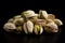 A pile of pistachios on a black background AI generation
