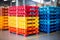 Pile of plastic shipping pallet. Industrial plastic pallet stacked at factory warehouse. Plastic pallet rack for export delivery