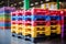 Pile of plastic shipping pallet. Industrial plastic pallet stacked at factory warehouse. Plastic pallet rack for export delivery