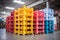 Pile of plastic shipping pallet. Industrial plastic pallet stacked at factory warehouse. Plastic pallet rack for export delivery