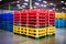 Pile of plastic shipping pallet. Industrial plastic pallet stacked at factory warehouse. Plastic pallet rack for export delivery