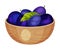 Pile of Plum Berries Poured in Wooden Bowl Vector Illustration