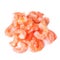 Pile of raw peeled shrimps isolated on white background. Top view