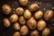 Pile of raw uncooked potatoes on dark background, top view, flat lay. Generative AI