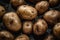 Pile of raw uncooked potatoes on dark background, top view, flat lay. Generative AI