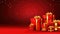 Pile of red and gold presents on vibrant red background. Perfect for holiday and celebration-themed