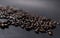 Pile of roasted coffee beans on dark gray surface