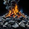 pile of rocks with fire burning in the middle of it and black background