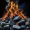 pile of rocks with fire burning in the middle of it and black background