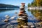 A pile of rocks sitting on top of a lake. Generative AI image.