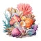 A pile of sea shells and corals on a white background