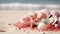 A pile of shells and starfish on a sandy beach, AI