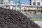 Pile of shredded tires used as alternative fuel in rotary kiln in cement plant