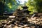 a pile of stones in front of a pagoda