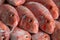 Pile of striped red mullet in a fish market, closeup