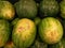 Pile of sweet and fresh watermelons, round green and yellow fruits