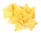 Pile of tasty Mexican nachos chips on white background, top