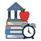 pile text books with alarm and library building