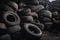 Pile of used car tires, close-up, selective focus. Generative AI