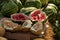 Pile of watermelons. Heap of watermelon at farmers market. Watermelon cut with a knife. Cut melon