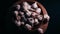 Pile of whole bulbs of garlic in ceramic bowl on table. Harvest of unpeeled vegetables on black background.