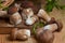 Pile of wild porcini mushrooms on wooden background at autumn season