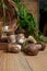 Pile of wild porcini mushrooms on wooden background at autumn season