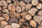 Pile of wood, firewood. Vintage style. Rough surface, texture. Abstract pattern. Old wall background. Natural backgrounds. Brown w