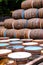 A pile of wooden barrels