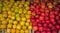 A pile of yellow and red apples on a market stall