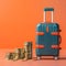 Piled gold coins next to luggage model, representing travel budgeting